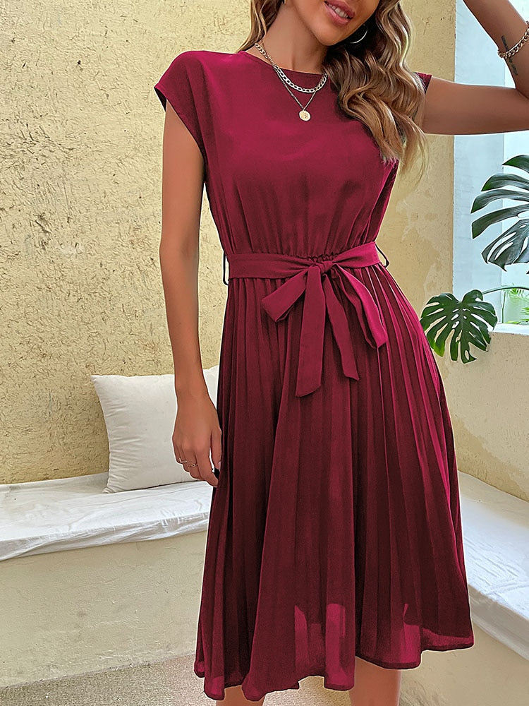 Amy Fashion - Casual Beach Sundress Short Sleeve Pleated Midi Dress