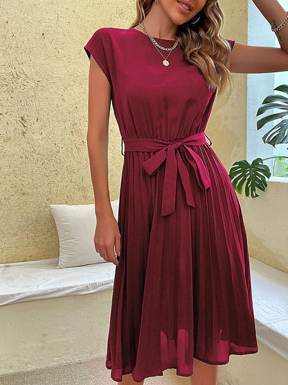 Amy Fashion - Casual Beach Sundress Short Sleeve Pleated Midi Dress