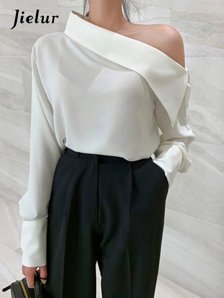 Office Korean Style Black One Shoulder Sexy Blouse