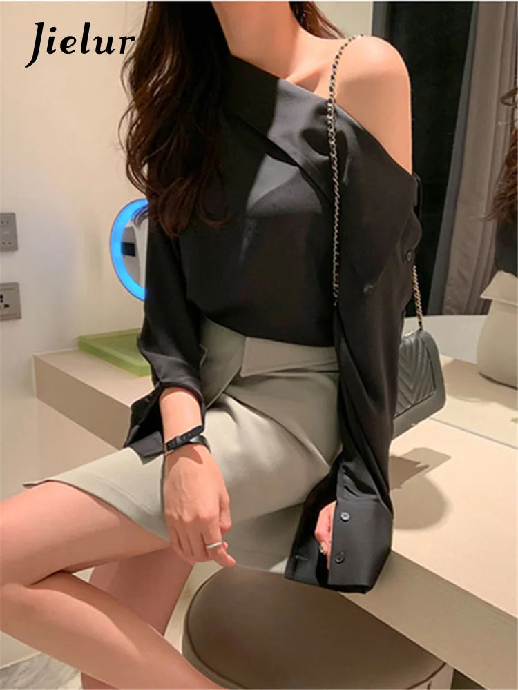 Office Korean Style Black One Shoulder Sexy Blouse