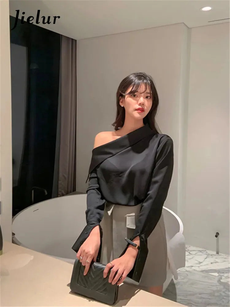 Office Korean Style Black One Shoulder Sexy Blouse