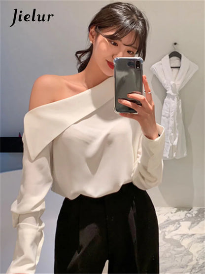 Office Korean Style Black One Shoulder Sexy Blouse