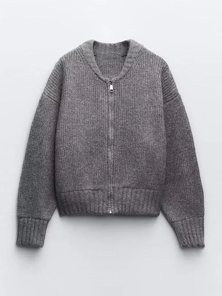 Knit Grey Zipper O-neck Long Sleeve Autumn Winter High Street Sweater