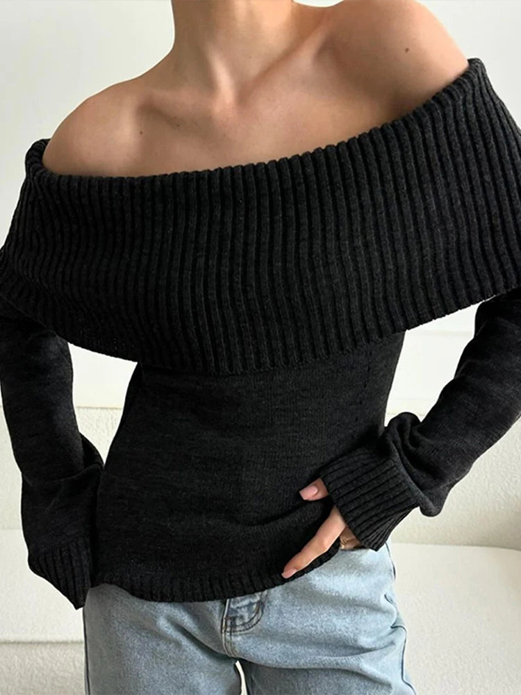 Off Shoulder Solid Slim Slash Neck Long Sleeve High Street Sweater