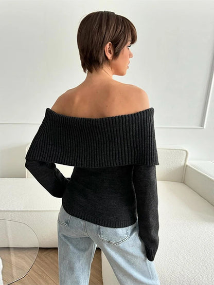 Off Shoulder Solid Slim Slash Neck Long Sleeve High Street Sweater