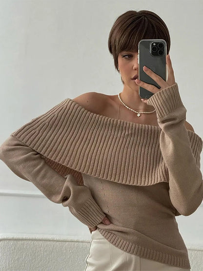 Off Shoulder Solid Slim Slash Neck Long Sleeve High Street Sweater