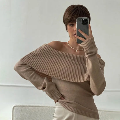 Off Shoulder Solid Slim Slash Neck Long Sleeve High Street Sweater