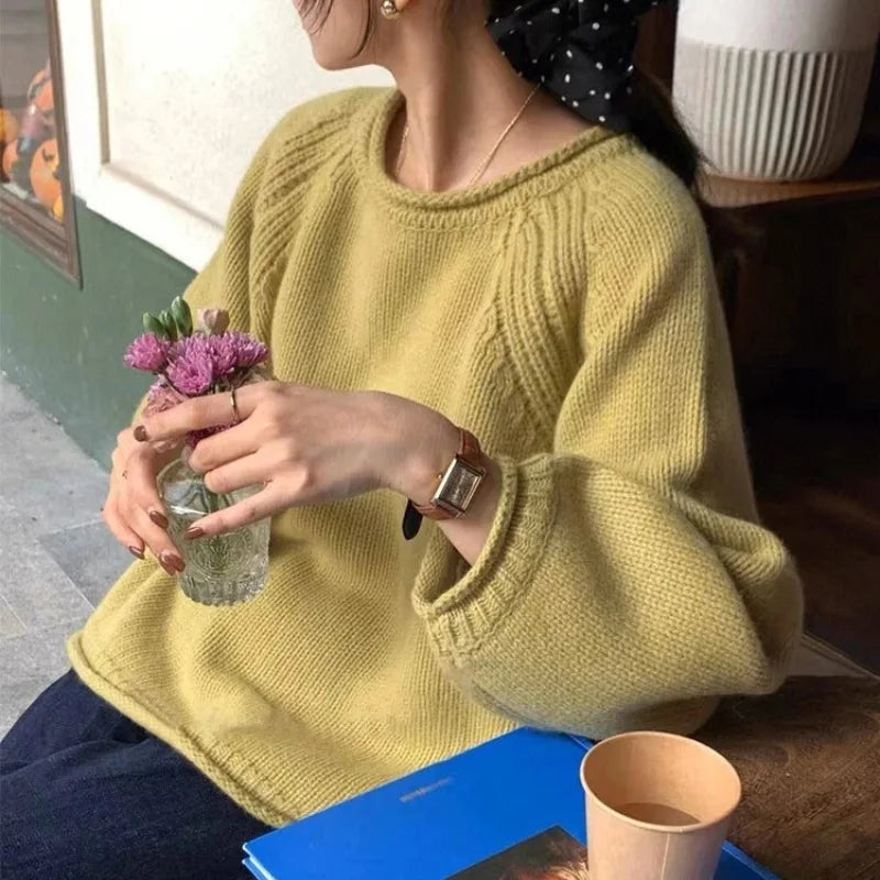 Korean Knitted Pullover Women O-neck Jumper Long Sleeve Autumn Winter Cozy Loose Stylish Chic Sweater