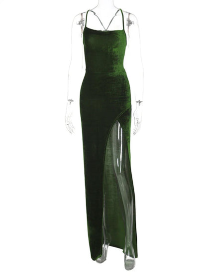 Green Velvet Lace-Up Maxi Dress - Backless Bodycon Christmas Party Dress