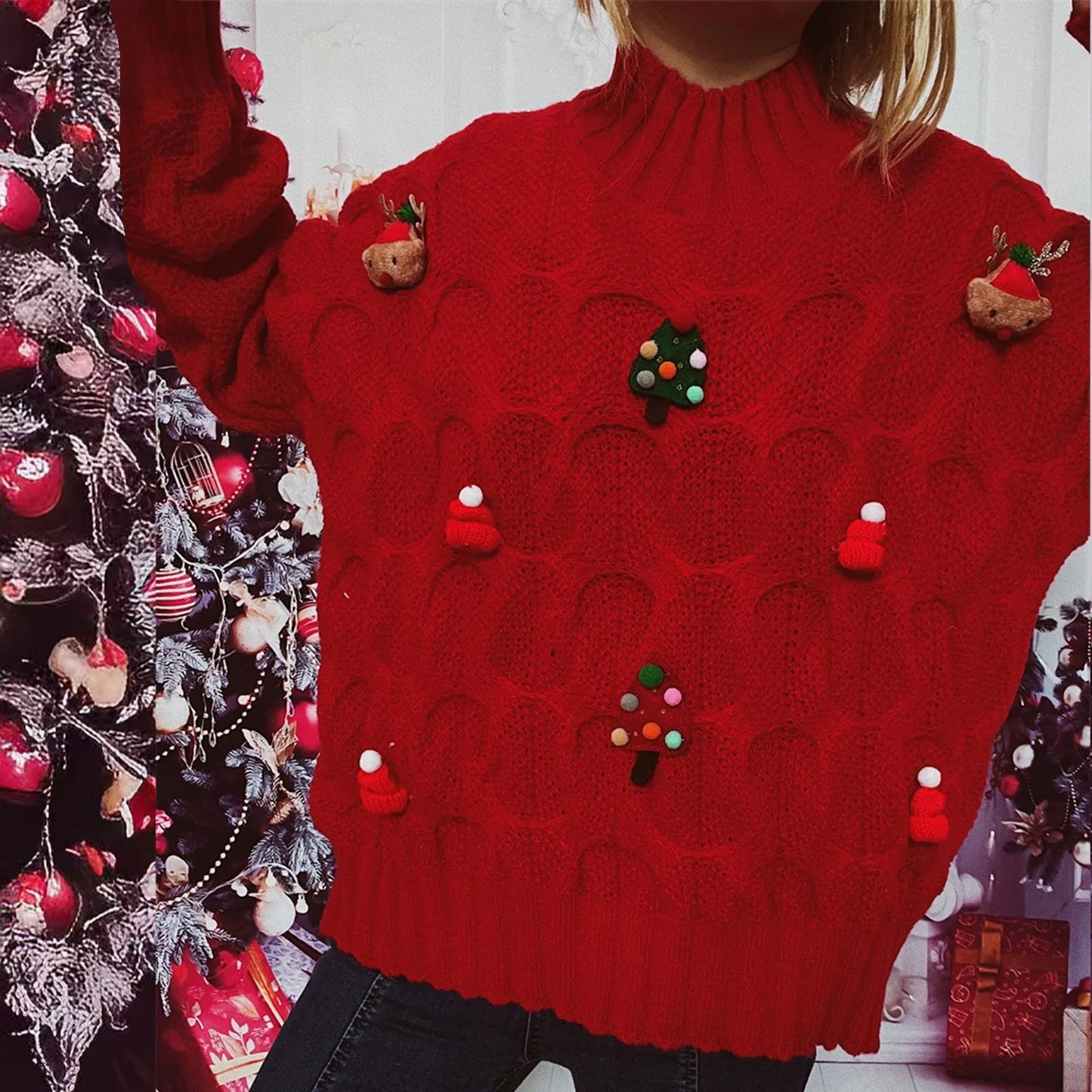 Autumn Winter Xmas Loose Round Neck Print Knitted Christmas Sweater