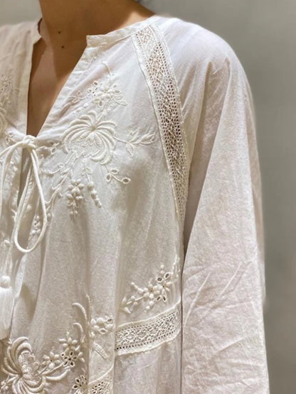 Amy Fashion - Cotton Linen Beach White V Neck Embroidered Boho Dress