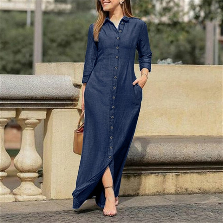 Amy Fashion - New Shirt Collar Button Long Denim Skirt Dress