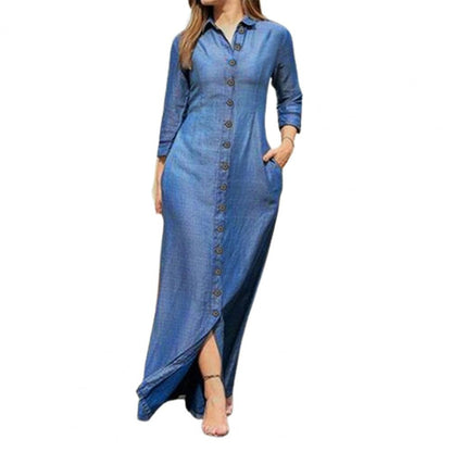 Amy Fashion - New Shirt Collar Button Long Denim Skirt Dress