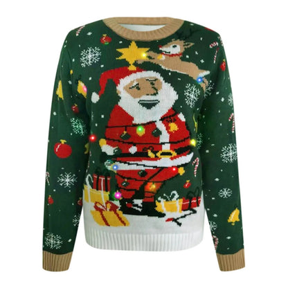 Autumn Winter Santa Jacquard Round Neck Retro Casual Christmas Sweater with LED Light