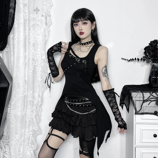 Sleeveless Irregular Goth Black Summer Crop Slim Y2K Top Vintage Eyelet