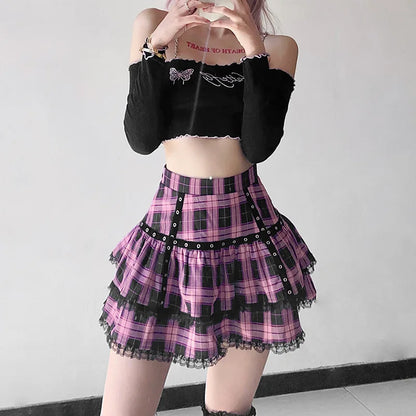 Plaid Skirt Pleated Japanese Cake Lolita Purple Pink Gothic Harajuku