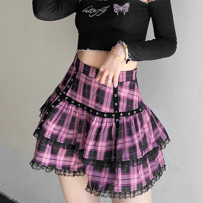 Plaid Skirt Pleated Japanese Cake Lolita Purple Pink Gothic Harajuku