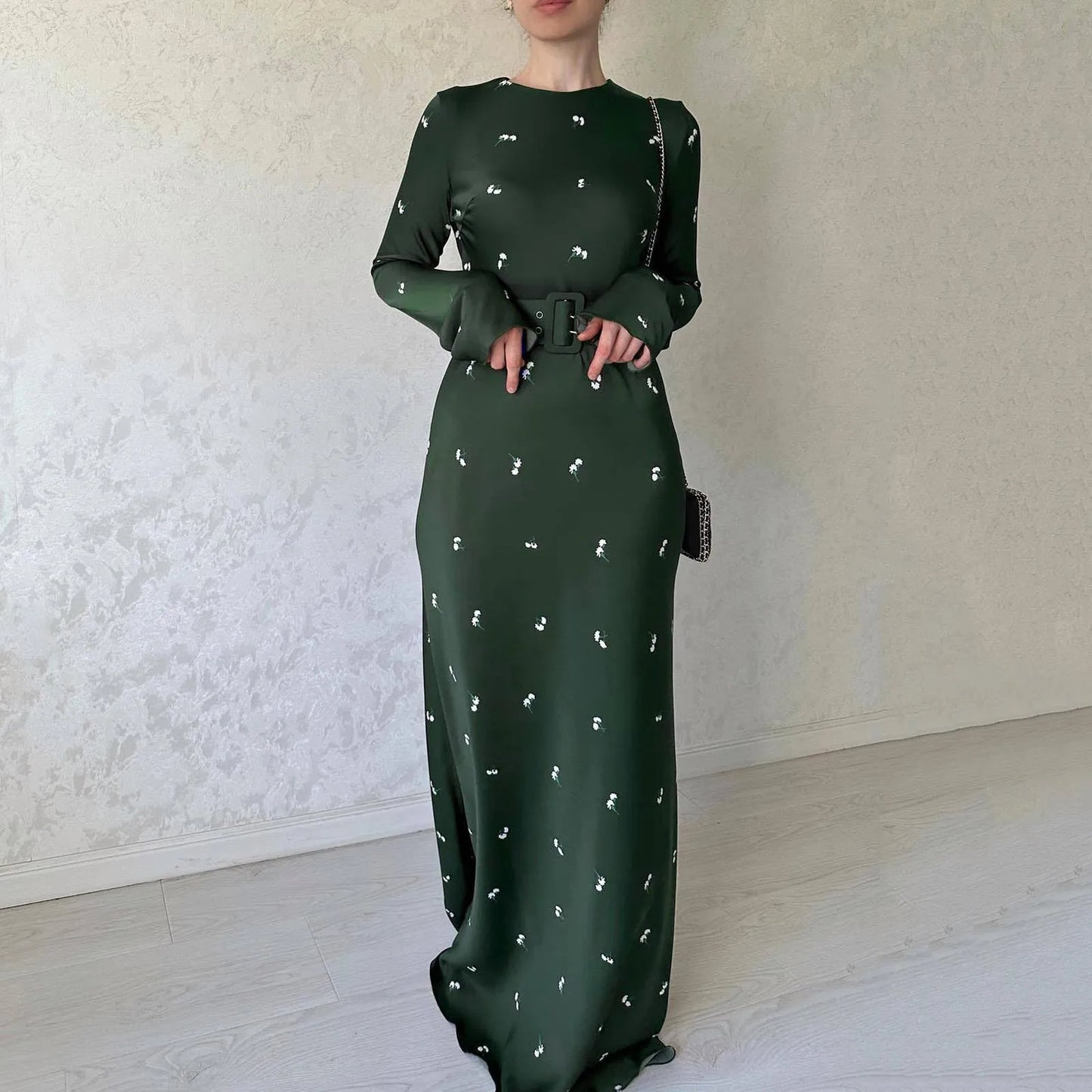 Spring Autumn Elegant Floral Printed Puff Sleeve Nipped Waist Slim Fit Round Neck Maxi Streetwear Dress