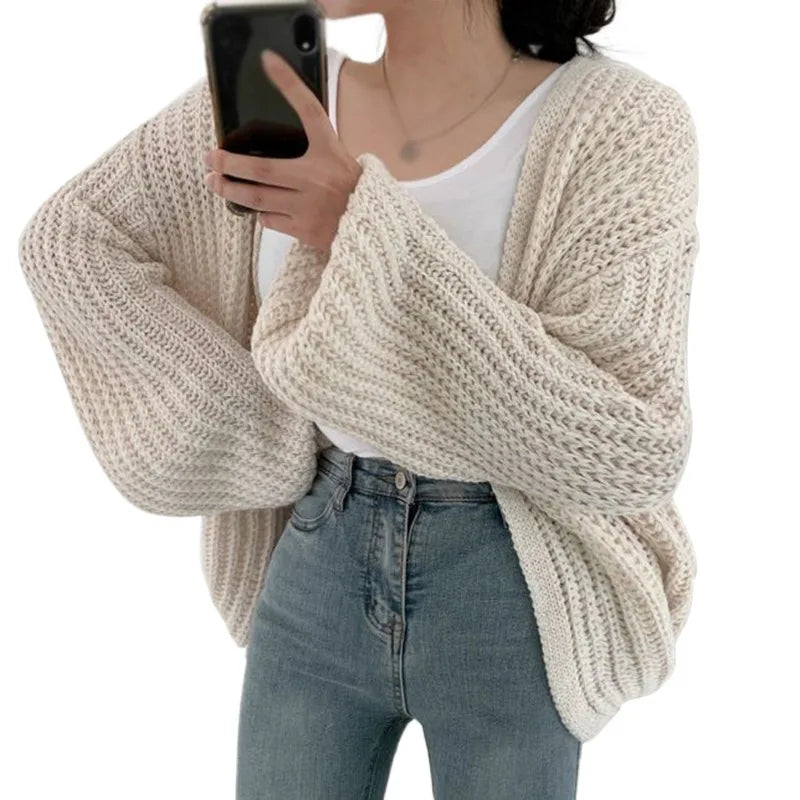 Loose Casual Solid Color Autumn Winter Versatile V Neck Knitted Sweater