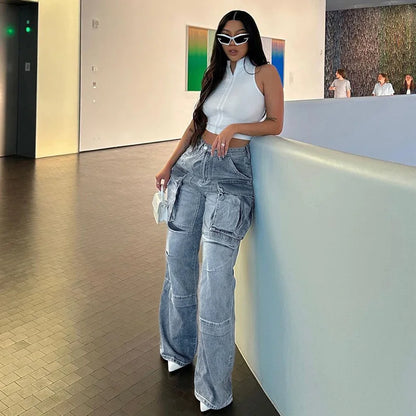 Amy Fashion - Loose Streetwear Summer Outfits 2024 Blue High Waist Casual Fashion Y2K Straight Cargo Denim Jean