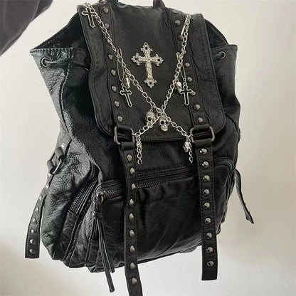 Fashion Women Chain Rivet Black Punk Goth Y2k Bag Backpack Skeleton