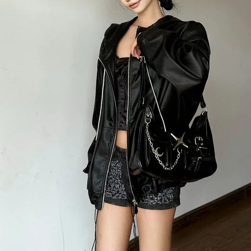 Shoulder Motorcycle Black Fashion Bag Casual Chains Y2K Gothic Harajuku