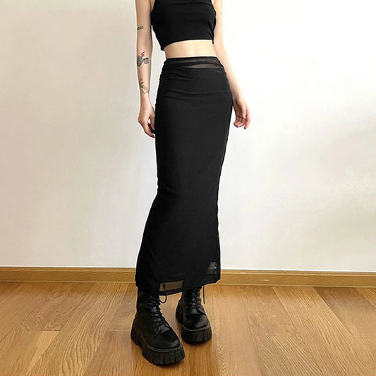 Y2K Black Long Harajuku Sexy Mesh Patchwork Wrap Summer Gothic Korean High Waist Slim A-Line Skirt