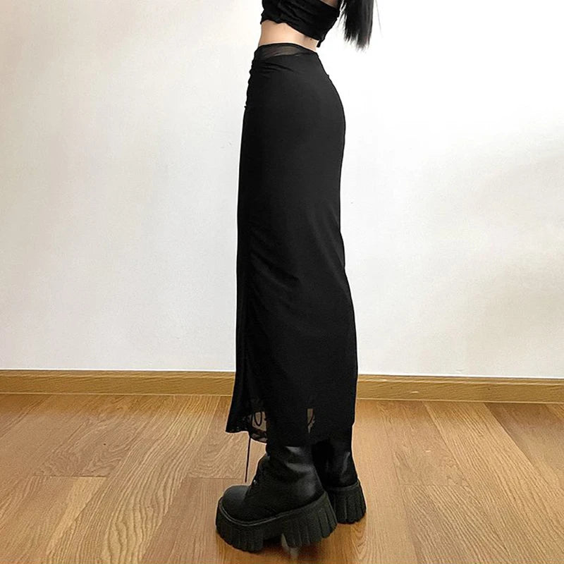 Y2K Black Long Harajuku Sexy Mesh Patchwork Wrap Summer Gothic Korean High Waist Slim A-Line Skirt