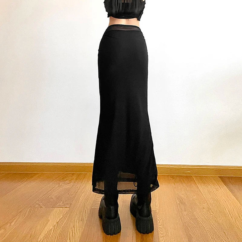 Y2K Black Long Harajuku Sexy Mesh Patchwork Wrap Summer Gothic Korean High Waist Slim A-Line Skirt