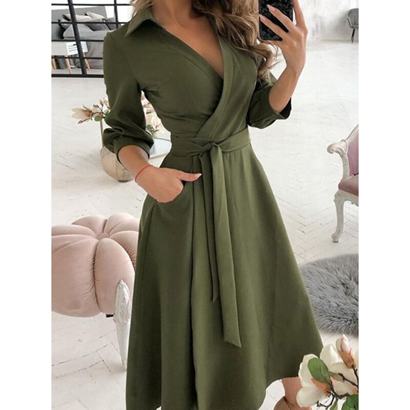 Amy Fashion - Long Sleeve V-neck Belt Pockets Casual Dress