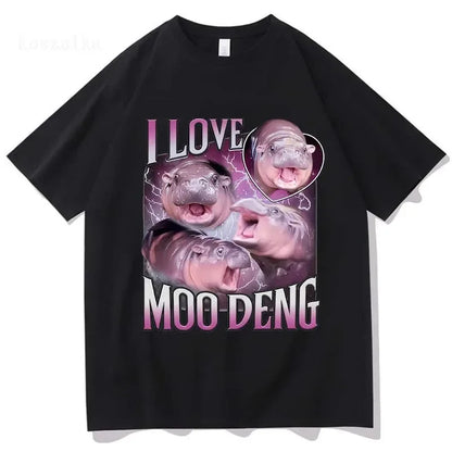 Vintage Streetwear Funny Meme Baby Hippo Unisex Cotton Graphic Men Women T-Shirts Clothing Moo Deng