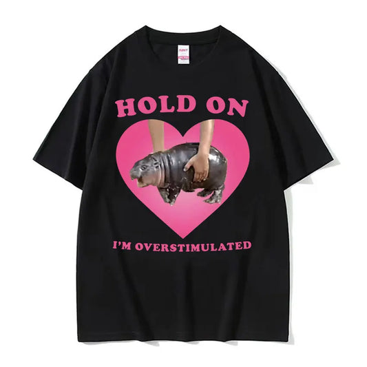 Oversized Cotton Funny Pink Heart Hold On Cute Baby Hippo Men Women Vintage T-Shirt Moo Deng