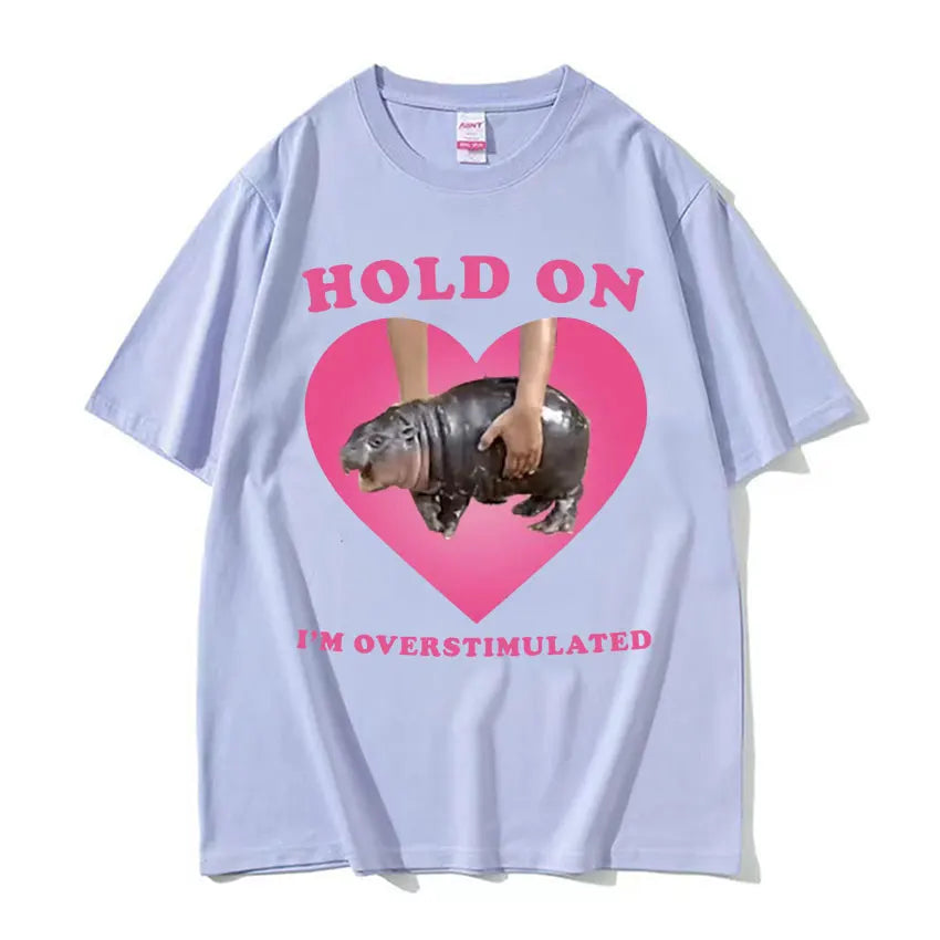 Oversized Cotton Funny Pink Heart Hold On Cute Baby Hippo Men Women Vintage T-Shirt Moo Deng