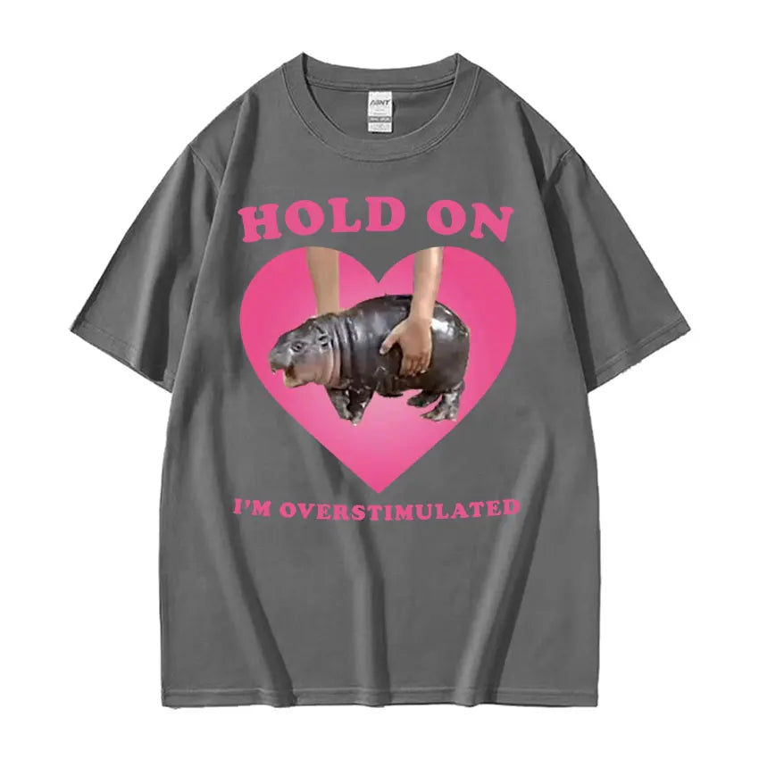 Oversized Cotton Funny Pink Heart Hold On Cute Baby Hippo Men Women Vintage T-Shirt Moo Deng