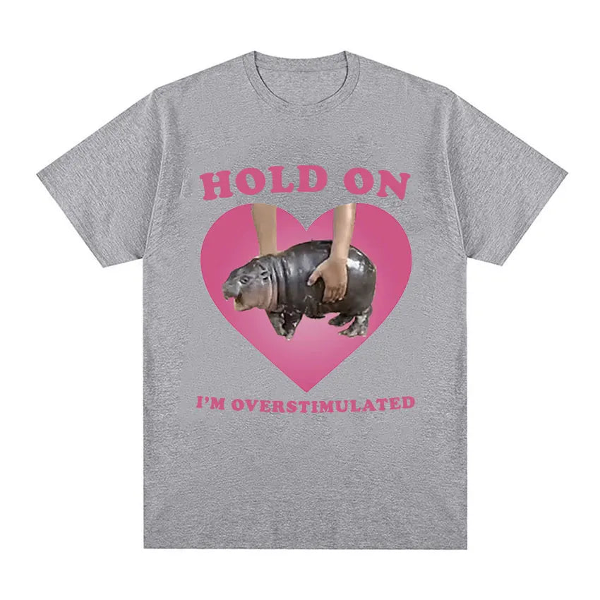 Oversized Cotton Funny Pink Heart Hold On Baby Hippo Graphic Men Women T-Shirt Moo Deng