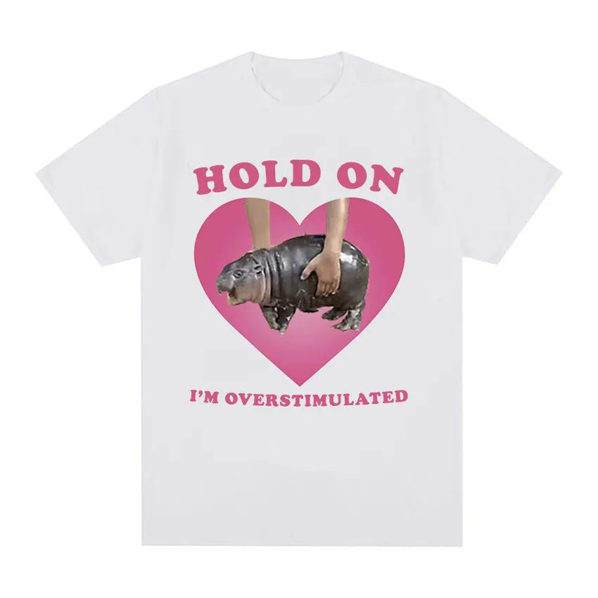 Oversized Cotton Funny Pink Heart Hold On Baby Hippo Graphic Men Women T-Shirt Moo Deng