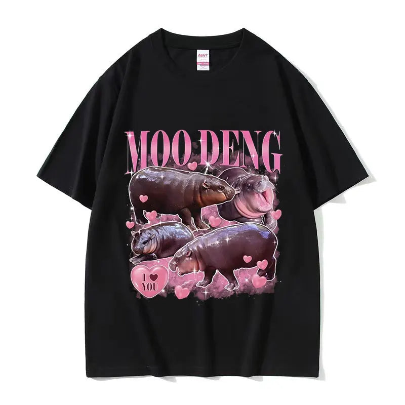 Retro Aesthetic Funny Meme Hippo Oversized Cotton Men Women Harajuku Fashion T-Shirt Moo Deng