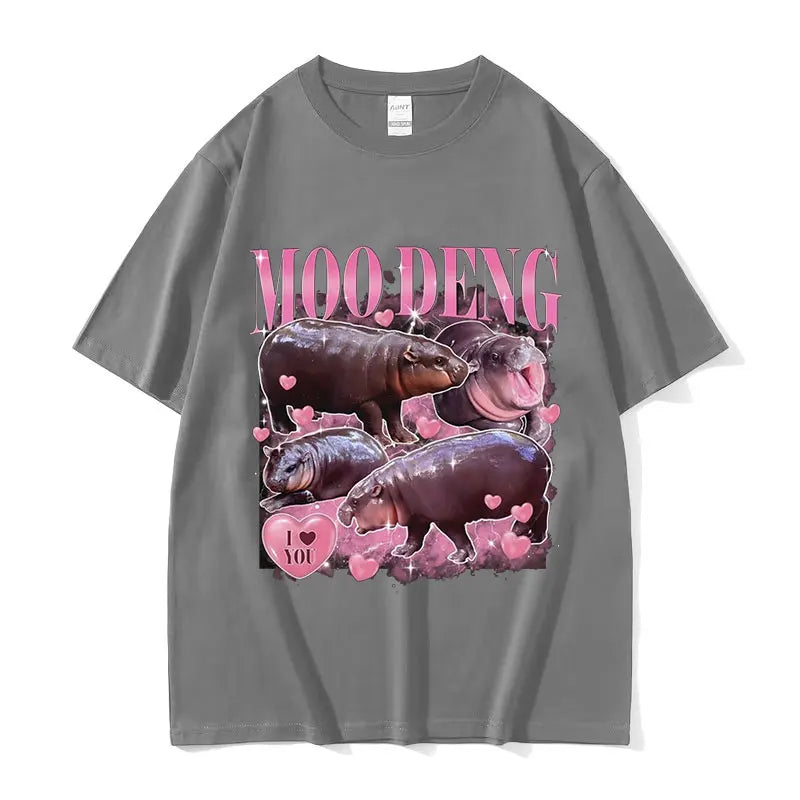 Retro Aesthetic Funny Meme Hippo Oversized Cotton Men Women Harajuku Fashion T-Shirt Moo Deng