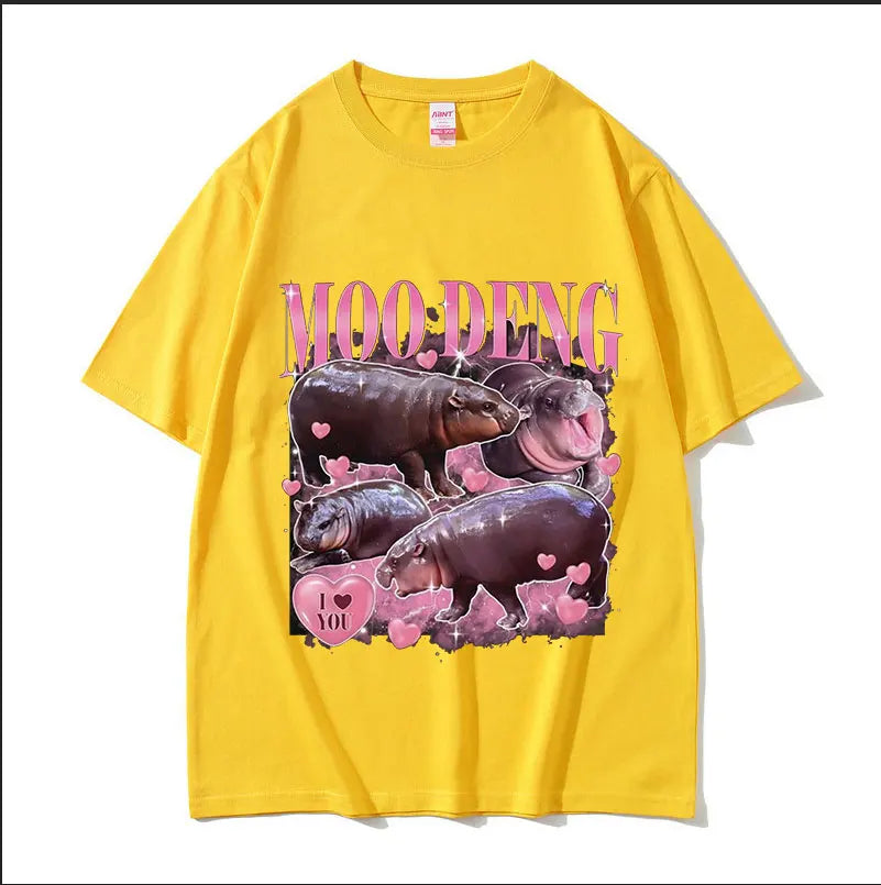 Retro Aesthetic Funny Meme Hippo Oversized Cotton Men Women Harajuku Fashion T-Shirt Moo Deng