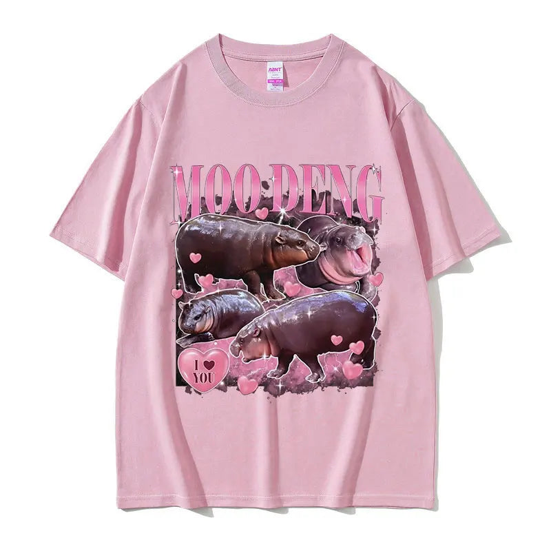 Retro Aesthetic Funny Meme Hippo Oversized Cotton Men Women Harajuku Fashion T-Shirt Moo Deng