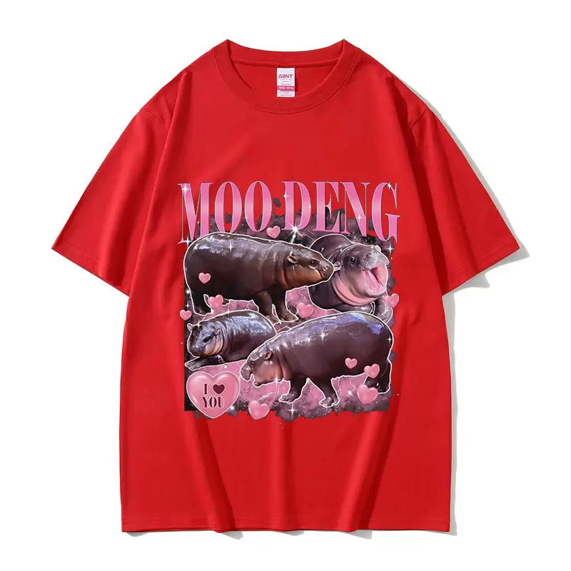 Retro Aesthetic Funny Meme Hippo Oversized Cotton Men Women Harajuku Fashion T-Shirt Moo Deng