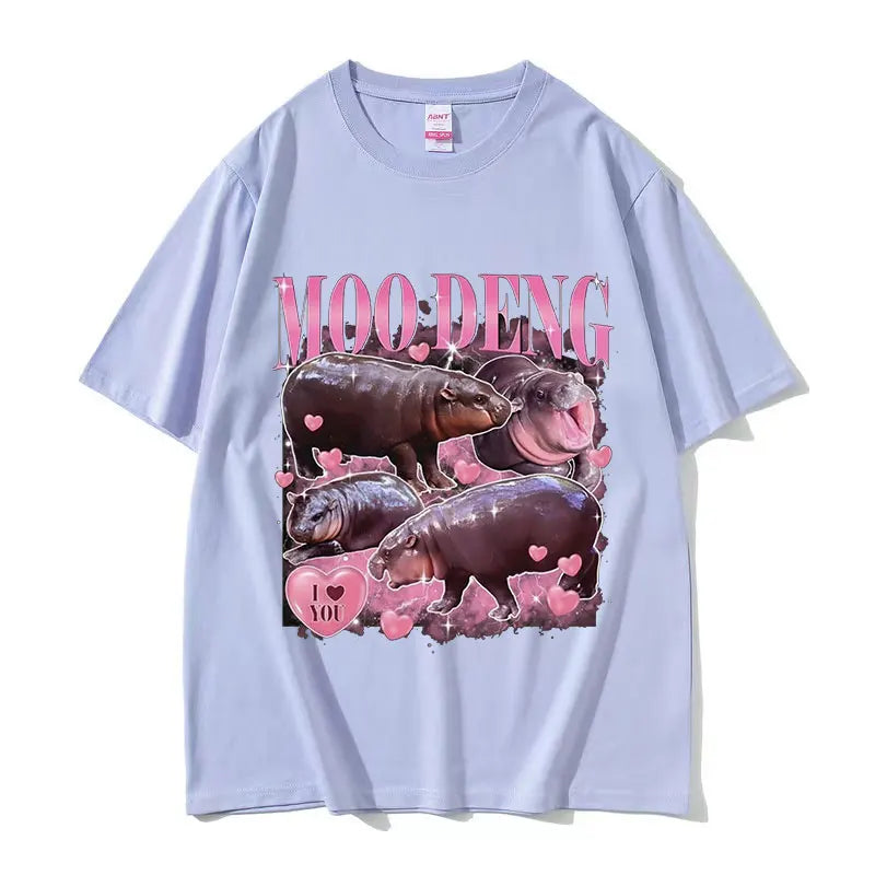 Retro Aesthetic Funny Meme Hippo Oversized Cotton Men Women Harajuku Fashion T-Shirt Moo Deng