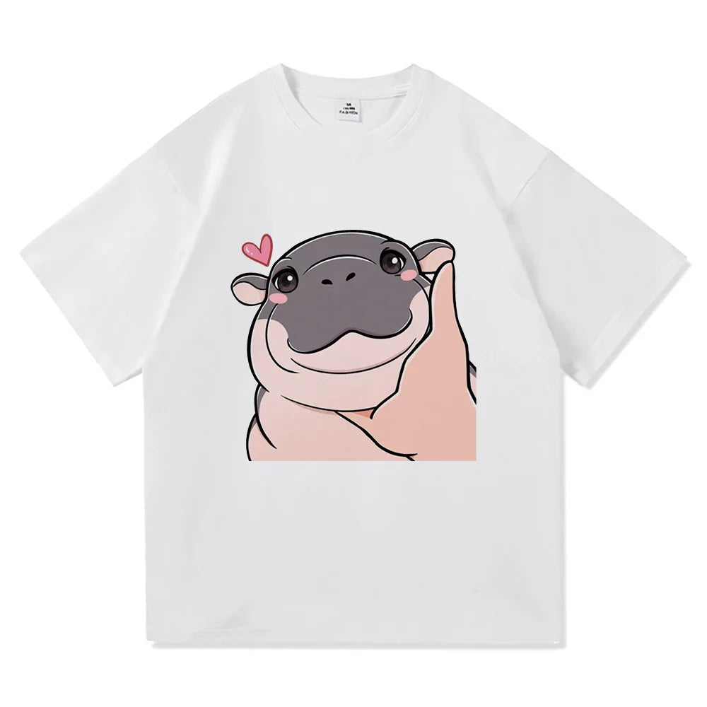 Harajuku Aesthetic Classic Cartoon Cute Hippo High Quality Cotton Unisex Men T-Shirt Moo Deng