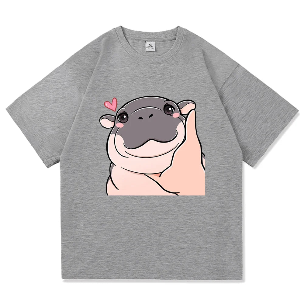 Harajuku Aesthetic Classic Cartoon Cute Hippo High Quality Cotton Unisex Men T-Shirt Moo Deng