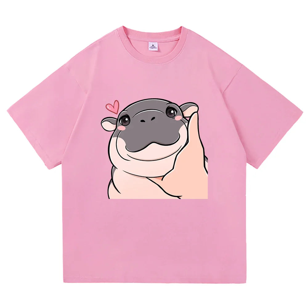 Harajuku Aesthetic Classic Cartoon Cute Hippo High Quality Cotton Unisex Men T-Shirt Moo Deng