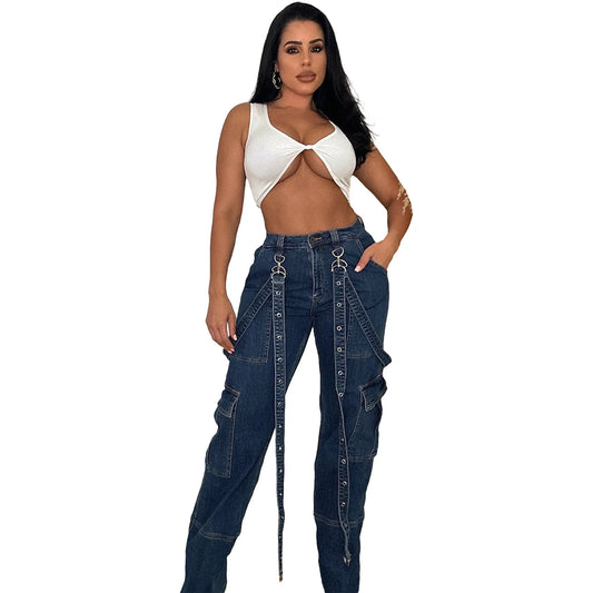 Amy Fashion - Multi Pockets Loose Straps Fashion High Waist Casual Cargo Autumn Winter Streetwear Denim Jean