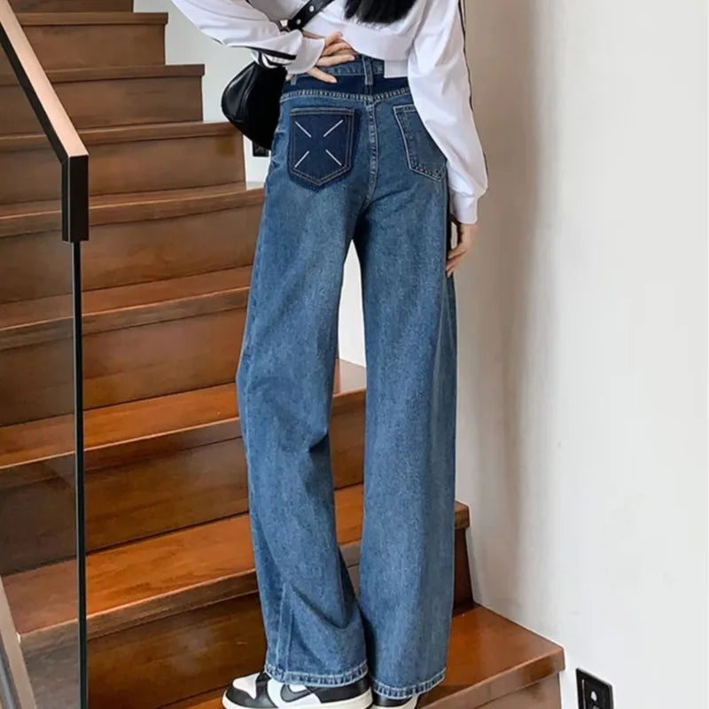 Amy Fashion - Natural Waist New Button Minimalist Trendy Summer Ins Wash Long Harajuku Wide Leg Black Jean