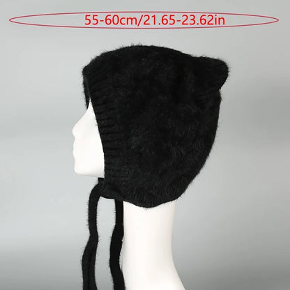 Plush Double Layer Rabbit Hair Knitted Hat with Elastic Strap