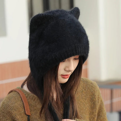 Plush Double Layer Rabbit Hair Knitted Hat with Elastic Strap