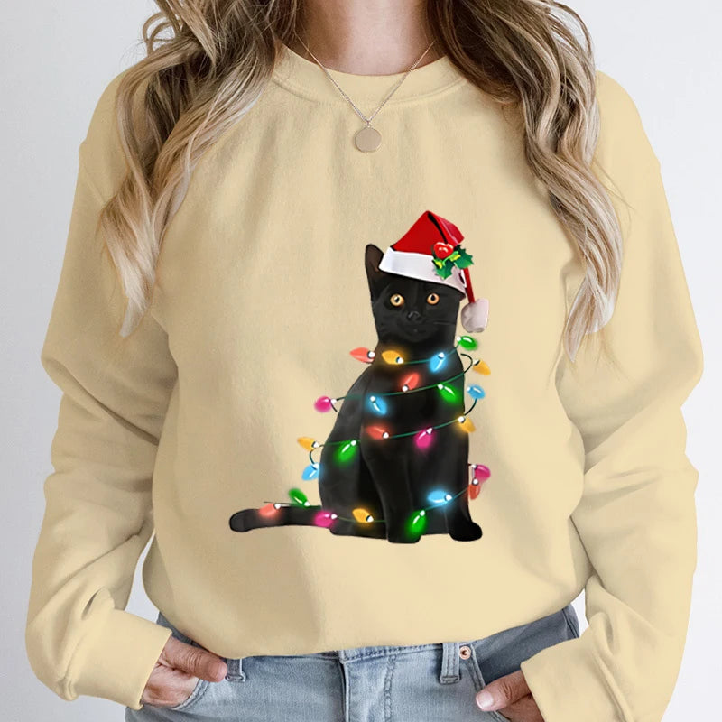 Black Cat Christmas Light Print Hoodie